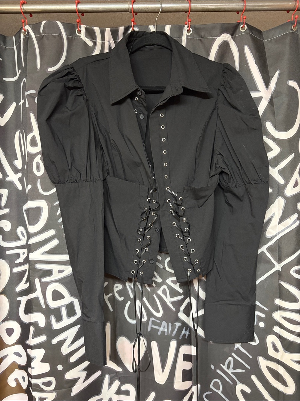 AKIRA Black Lace-Up Corset shirt with Puff Shoulders